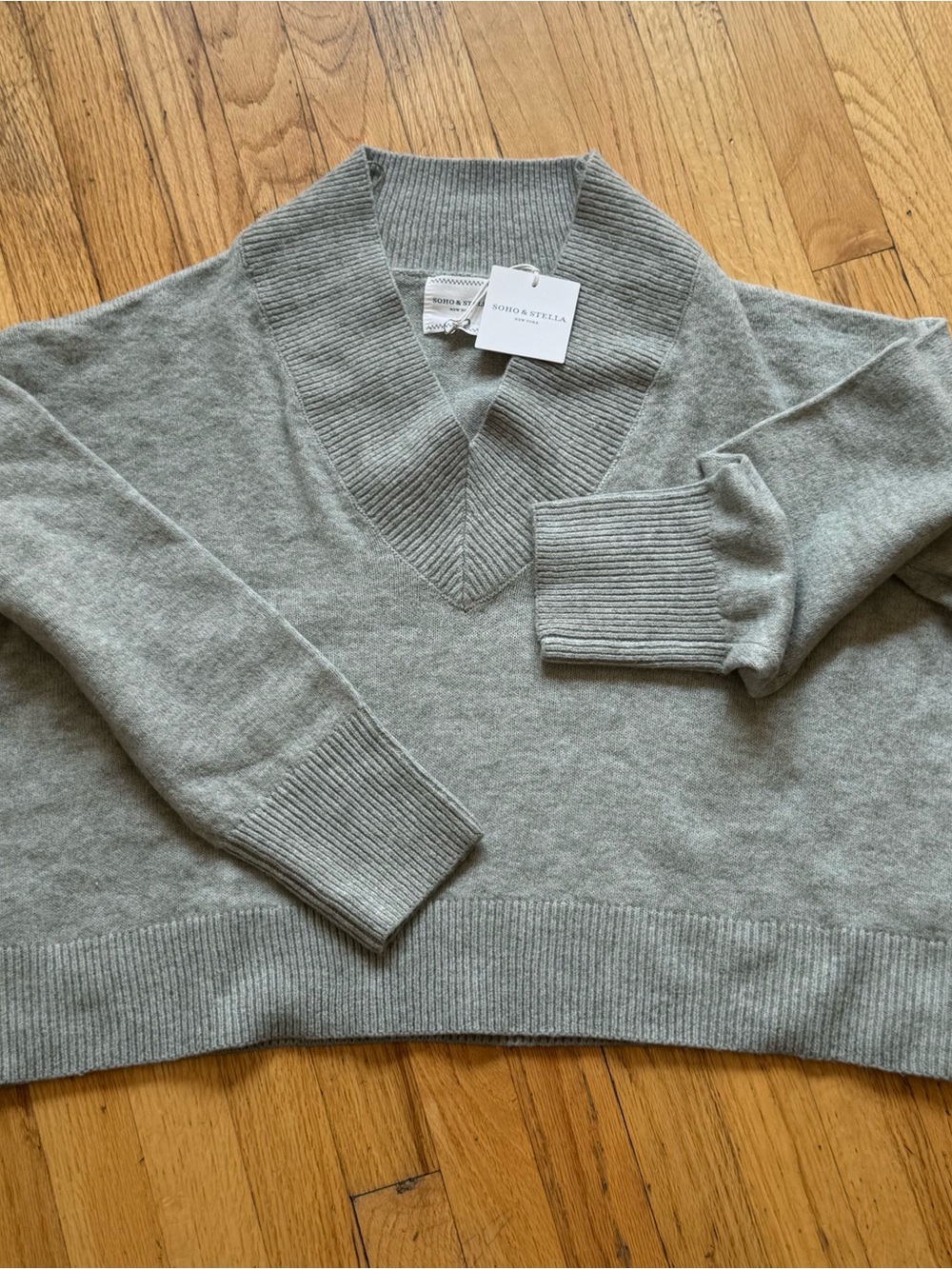 Light grey/green SoHo and Stella V-Neck Ribbed Trim Sweater
